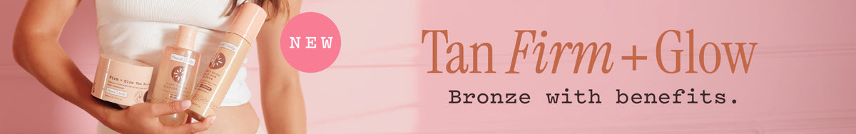 Tanning collection banner. A woman in a white top holding frank body Firm + Glow tanning products. Text reads: NEW. Tan Firm + Glow. Bronze with benefits.