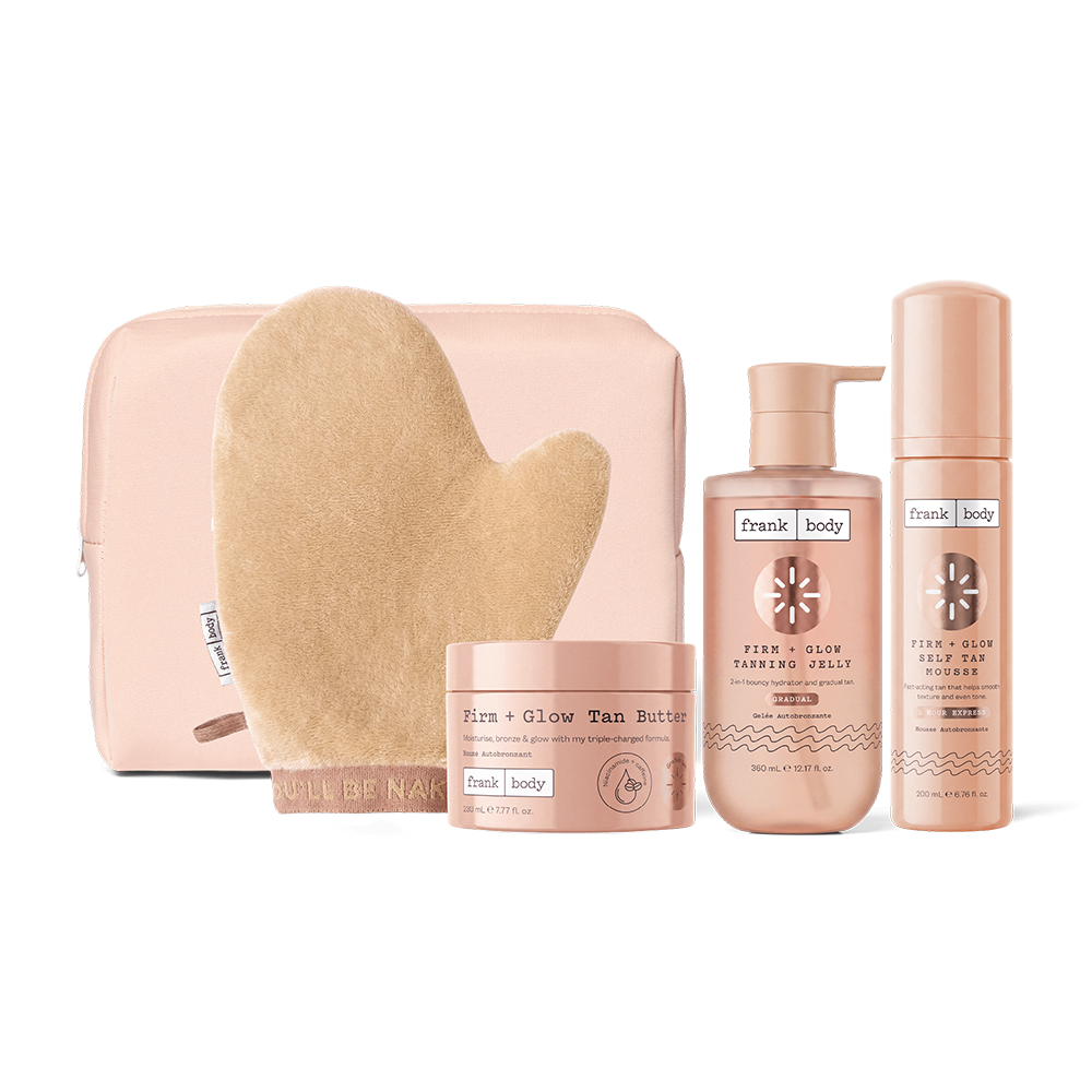 Bronze With Benefits Kit: a pink Touch Me Babe pouch with a tanning mitt, frank body Firm + Glow Tan Butter, Tanning Jelly and Self Tan Mousse.