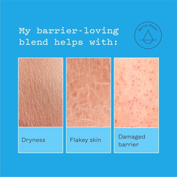 frank body graphic with three skin close-ups. Text reads: My barrier-loving blend helps with dryness, flakey skin, damaged barrier.