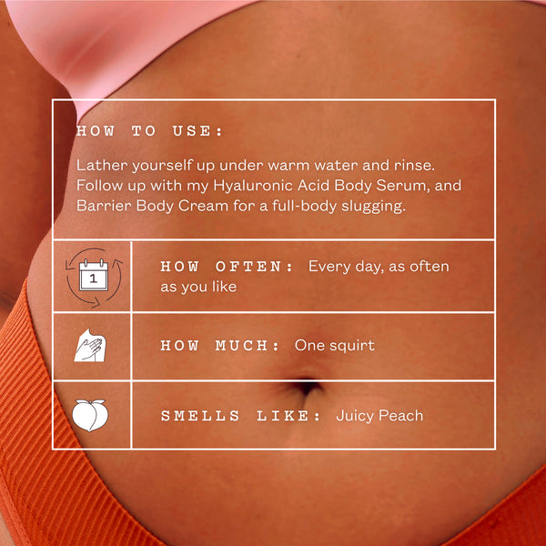 frank body Ceramide Barrier Body Wash how-to graphic over a stomach. Text reads: How to use, lather yourself up under warm water and rinse. Follow up with my Hyaluronic Acid Body Serum and Barrier Body Cream for a full-body slugging. How often: every day, as often as you like. How much: one squirt. Smells like: juicy peach.