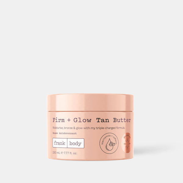 A 230ml tub of frank body Firm + Glow Tan Butter.
