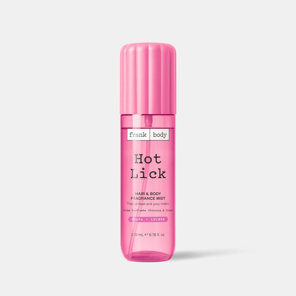 A pink bottle of frank body Hot Lick Hair & Body Fragrance Mist, 200ml.