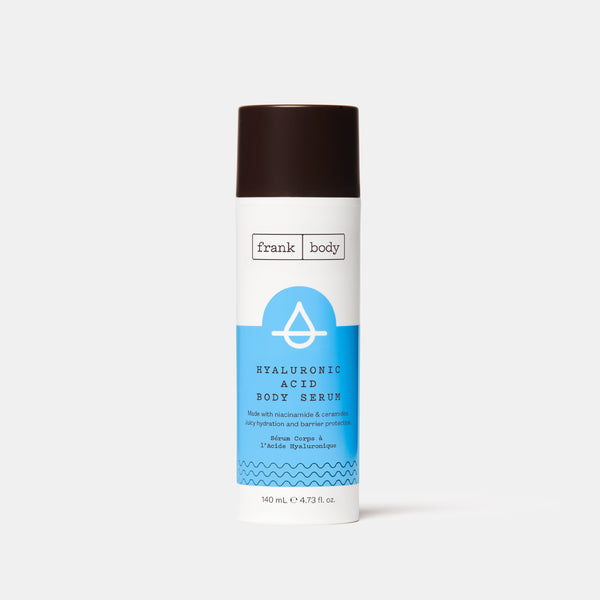 A white and blue bottle of frank body Hyaluronic Acid Body Serum, 140ml.