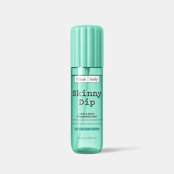 A mint green bottle of frank body Skinny Dip Hair & Body Fragrance Mist, 200ml.