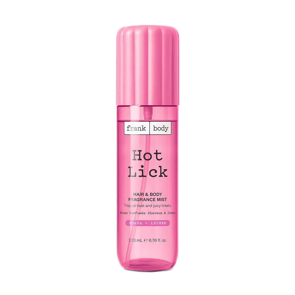 A pink bottle of frank body Hot Lick Hair & Body Fragrance Mist, 200ml.