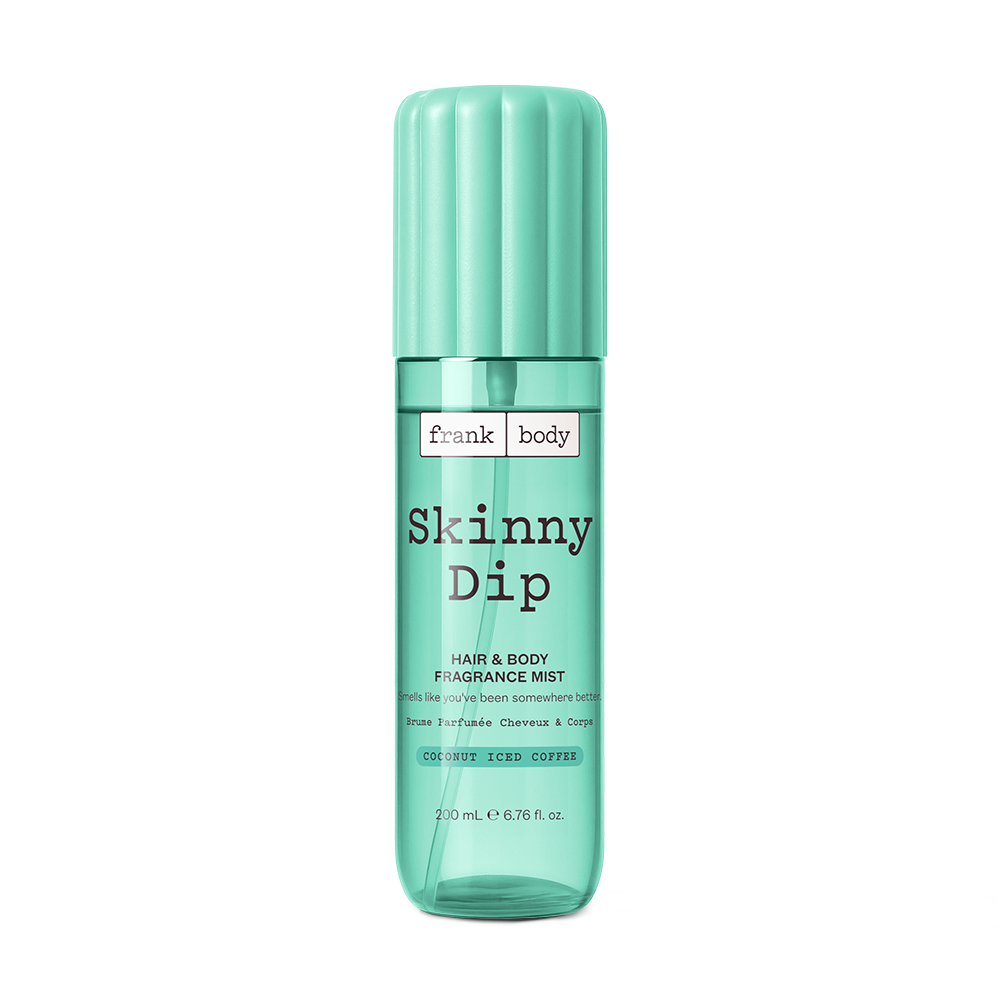 A mint green bottle of frank body Skinny Dip Hair & Body Fragrance Mist, 200ml.