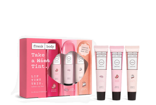 frank body Take a Hint Tint Kit with three lip tints in Juicy Guava, Soft Launch and Sugar Babe-y