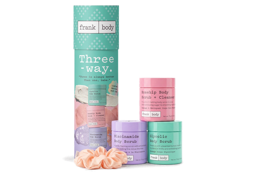 frank body Three-Way Kit with Glycolic, Rosehip and Niacinamide Body Scrubs and a scrunchie