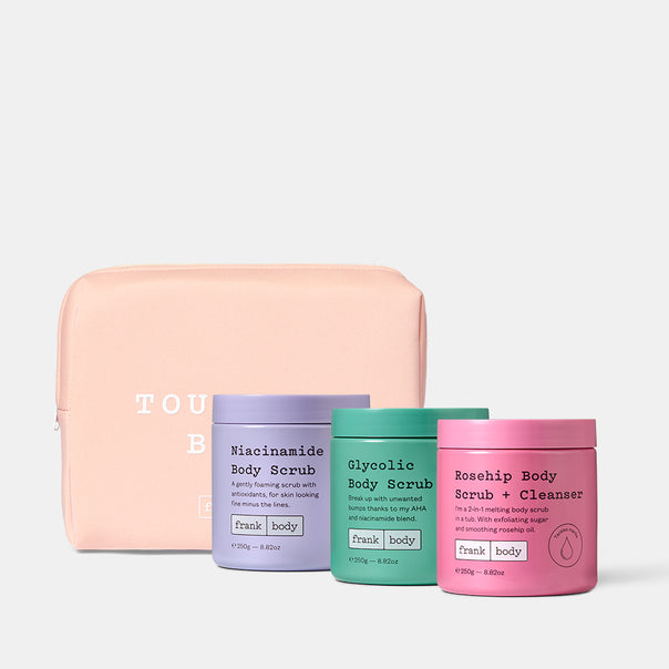Triple Tub Rub Kit: a pink Touch Babe pouch with frank body Niacinamide Body Scrub, Glycolic Body Scrub and Rosehip Body Scrub + Cleanser.