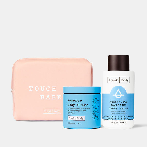 Barrier Bodyguards Kit: a pink Touch Babe pouch with frank body Barrier Body Creme and Ceramide Barrier Body Wash.