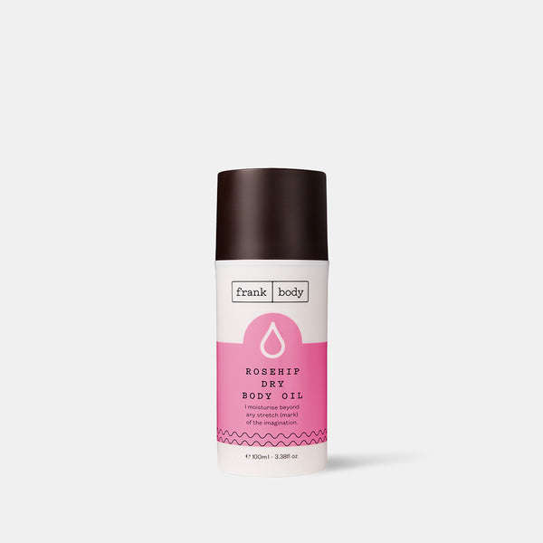 Body oil bottle with pink label on a white background